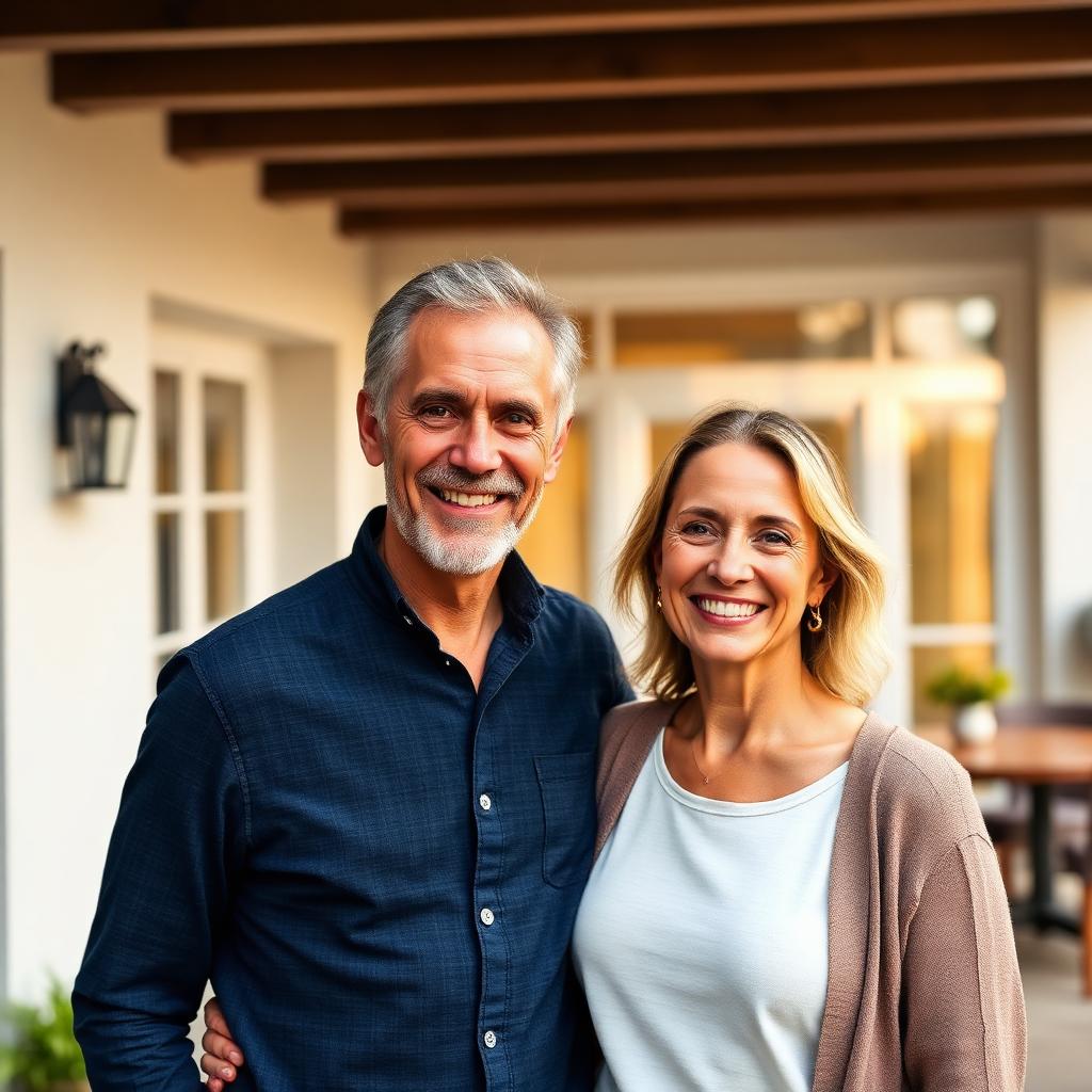 Couple satisfait devant leur maison rénovée